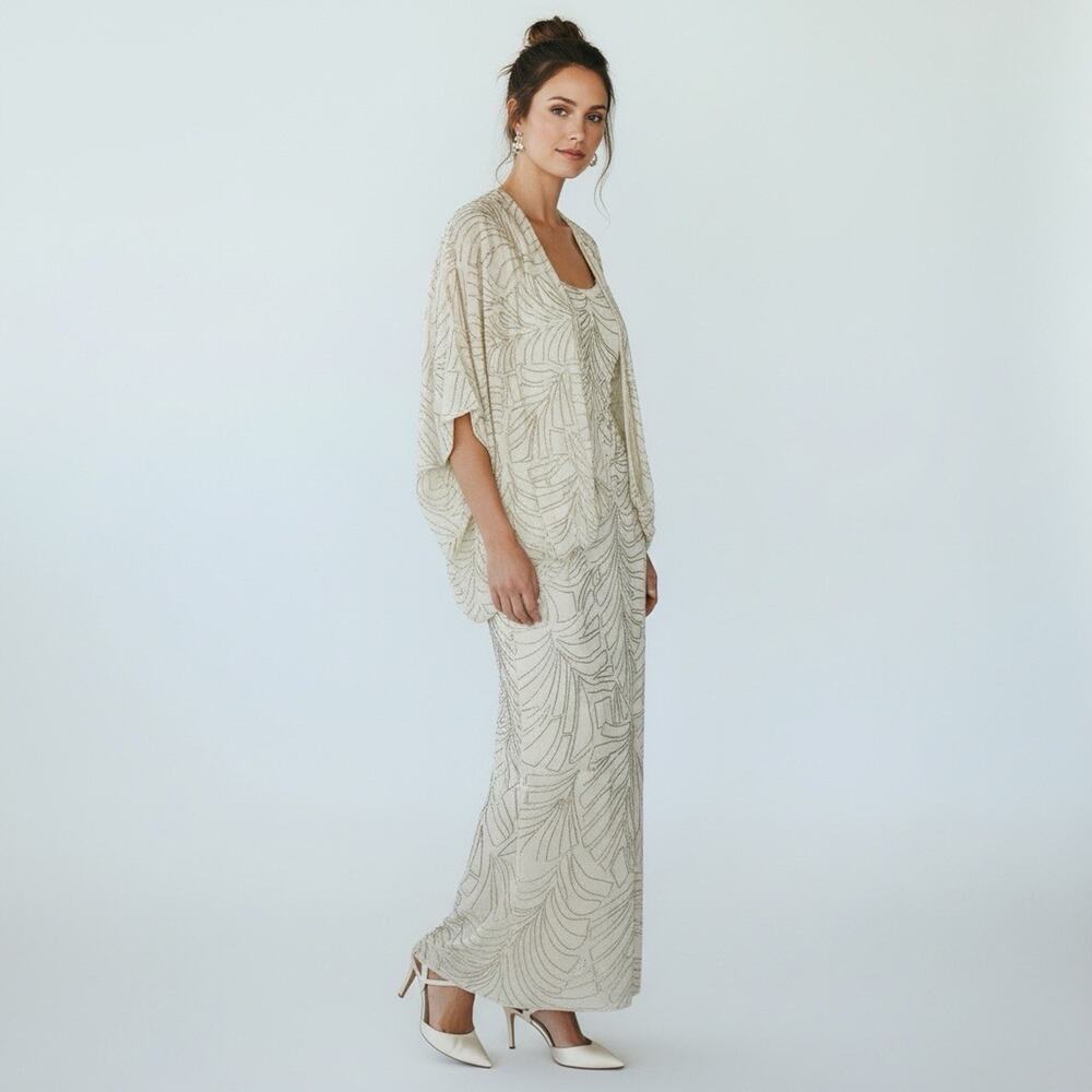 Pave New York Beverly Hills Silk Beaded Formal Gown Sz 6 Ivory Vintage Hong Kong